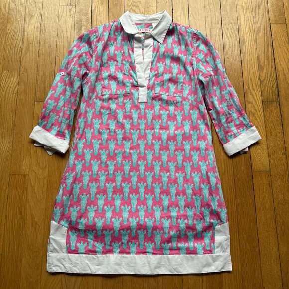 Tizzie Size XS Pink Aqua Zebra Print Split Neck Collar Cotton Blend Tunic Dress - Picture 4 of 15